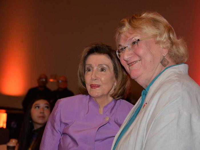 Congressmember Nancy Pelosi, left, greets state Senate candidate Lisa Middleton at the Alice B. Toklas LGBTQ Democratic Club Pride breakfast. Photo: Bill Wilson