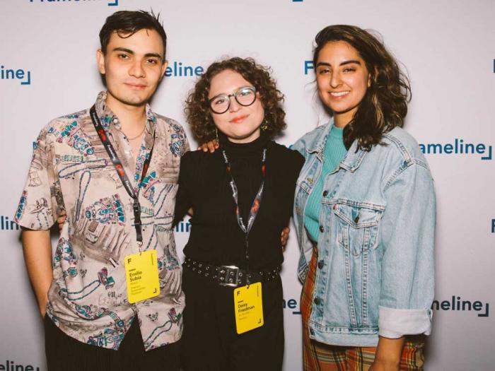 Emilio Subia, left, joined Daisy Friedman and Karina Dandashi in accepting awards and checks from the Colin Higgins Foundation and Frameline June 25 during the closing night of the San Francisco LGBTQ international film festival. Photo: Courtesy Colin Higgins Foundation