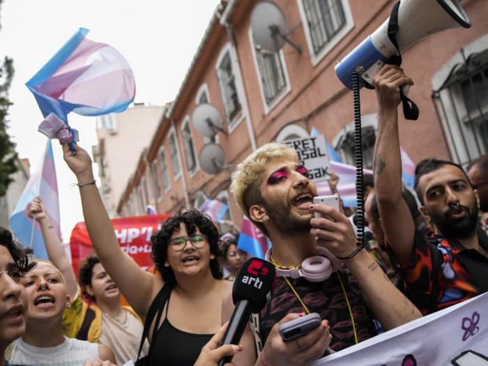 People shout slogans during a march in support of transgender people and their rights as part of the LGBTQ Pride week in Istanbul, Turkey, on June 18. Photo: AP/Emrah Gurel