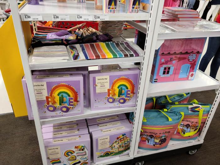Pride-themed cookie kits, paper tablecloths, and other items were on sale at the Target store in Alameda last month. Photo: Cynthia Laird