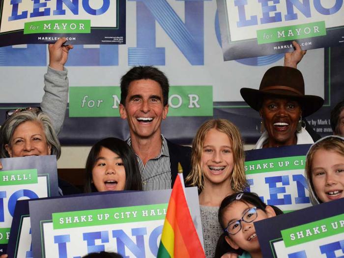 San Francisco mayoral candidate Mark Leno, flanked by former supervisor and 2003 mayoral candidate Susan Leal, left, and former supervisor Sophie Maxwell, gathered with supporters at his campaign office on May 26, 2018. Photo: Rick Gerharter