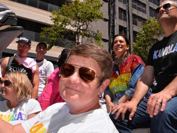 Kris Perry, with her spouse, Sandy Stier, drove then-attorney general and presidential candidate Kamala Harris and her husband, Doug Emhoff, in the 2019 San Francisco Pride parade. Photo: Bill Wilson
