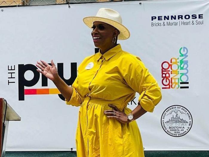 Congressmember Ayanna S. Pressley spoke at the June 2022 groundbreaking of The Pryde senior housing project in Boston. Photo: Courtesy The Pryde