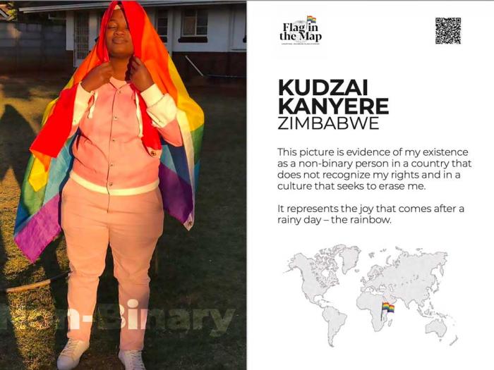 Kudzai Kanyere of Zimbabwe dons a rainbow flag. They write in the Flag in the Map project that they are nonbinary in a country that does not recognize their rights. Photo: Courtesy Flag in the Map