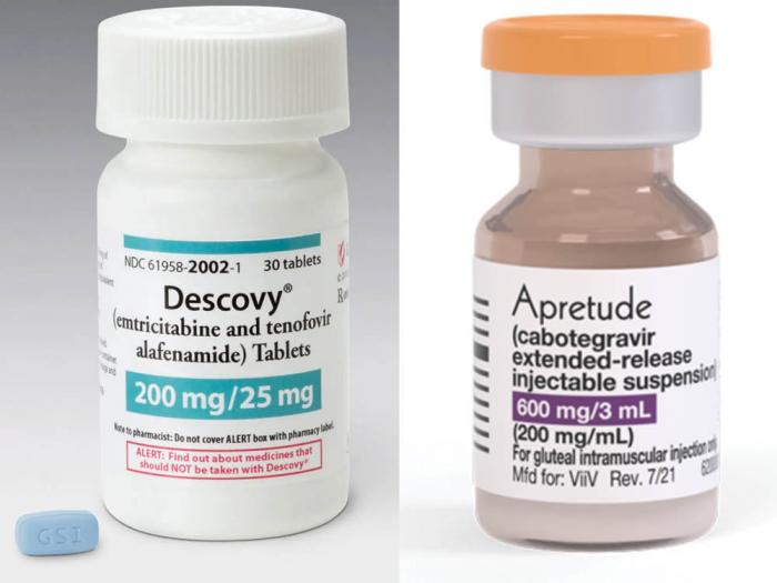 A new recommendation by the U.S. Preventive Services Task Force adds PrEP medications Descovy, left, and long-acting Apretude to its 2019 recommendation for Truvada and generic versions of the drug for people at risk for HIV. Photos: Courtesy Gilead Sciences Inc. and ViiV Healthcare