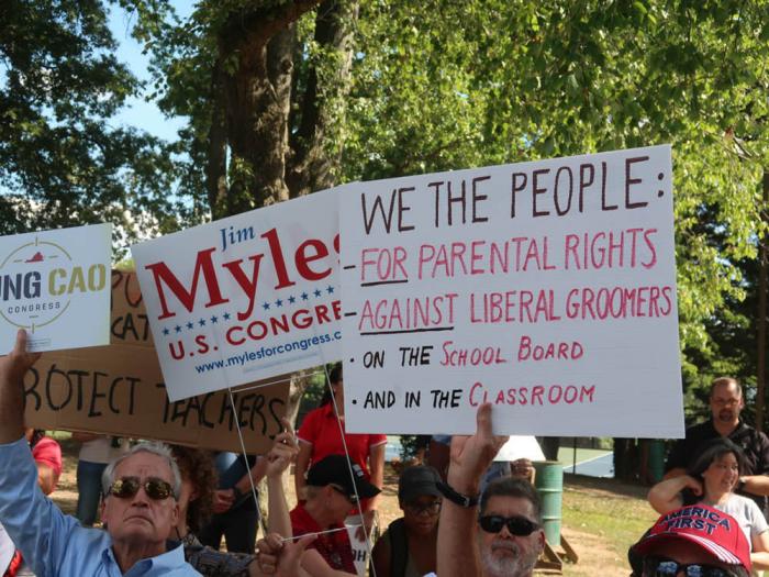 A sign at a 2022 rally headlined by Governor Glenn Youngkin in Annandale, Virginia. Youngkin ran his 2021 gubernatorial campaign using "parental rights" rhetoric. Photo: Courtesy of Ellie Ashford/Annandale Today, via PEN America