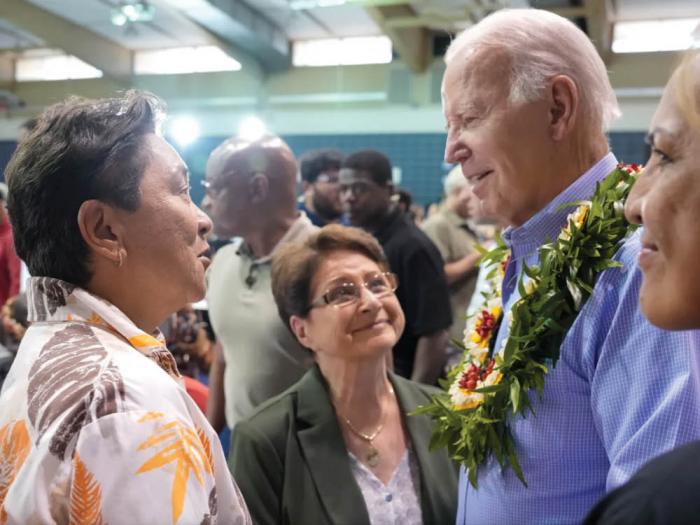 President Joe Biden spoke with residents affected by the wildfires in Maui during a visit to the island August 21. Photo: Courtesy the White House