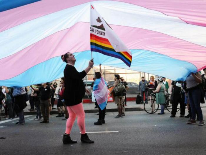 A person holds a version of the Pride flag under a giant trans flag at the 2016 San Francisco Trans March. A parental rights group is aiming to place three anti-trans initiatives on the California ballot next year. Photo: Rick Gerharter