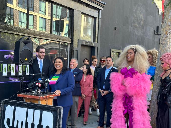 San Francisco Mayor London Breed shares a joke during the news conference announcing plans to relocate The Stud LGBTQ bar to a site on Folsom Street. Photo: John Ferrannini<br>