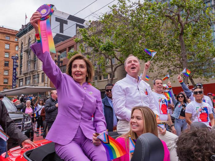 Congressmember Nancy Pelosi, left, rode with U.S. Senate candidate and Congressmember Adam Schiff in the June San Francisco Pride parade. Photo: Jane Philomen Cleland