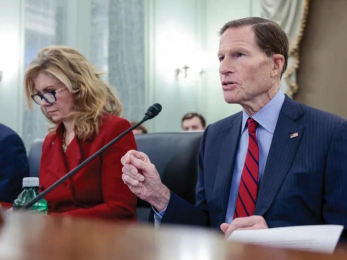 Senators Marsha Blackburn, left, and Richard Blumenthal introduced the Kids Online Safety Act earlier this year. Photo: AP