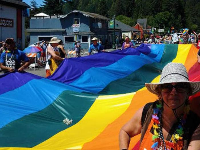 A giant rainbow flag is carried during a previous Pride parade in Sonoma County. Photo: From russianriverpride.org<br><br>