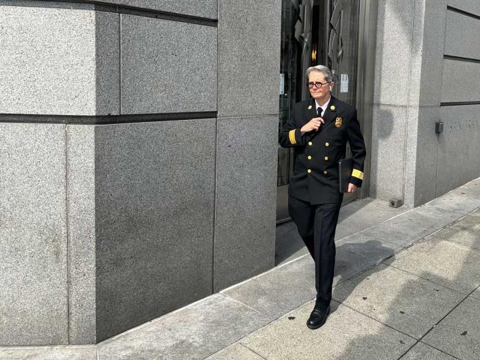 San Francisco Fire Chief Jeanine Nicholson leaves San Francisco Superior Court September 19 after testifying in a civil trial brought by an assistant chief. Photo: John Ferrannini<br>