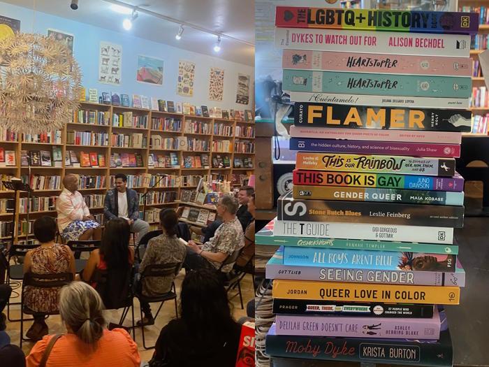 Authors Rasheed Newson with Jonathan Escoffery at a recent Fabulosa Books event; a stack of banned books to be shipped to LGBTQ community centers. (photos: Fabulosa Books)
