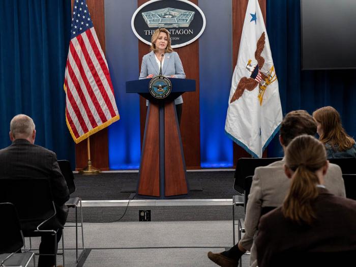 Deputy Defense Secretary Kathleen Hicks speaks to the media about the anniversary of the "Don't Ask, Don't Tell" repeal and Defense Department efforts to correct records of veterans at the Pentagon, September 20, 2023. Photo: Air Force Tech Sergeant Jack Sanders, DOD