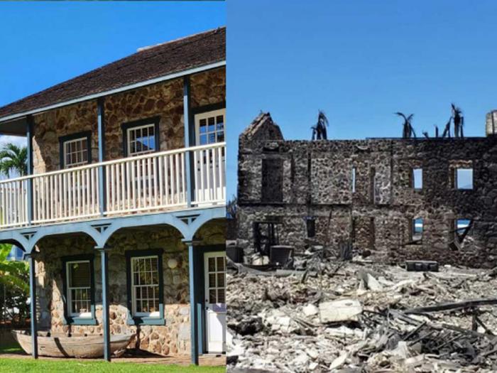 Before and after: The offices of Na Hoaloha Ekolu LLC, located in the historic Seaman's Hospital building, are shown before, left, and after the August 8, 2023 fires that ripped through Lahaina. Photos: Courtesy Michael Moore<br><br>