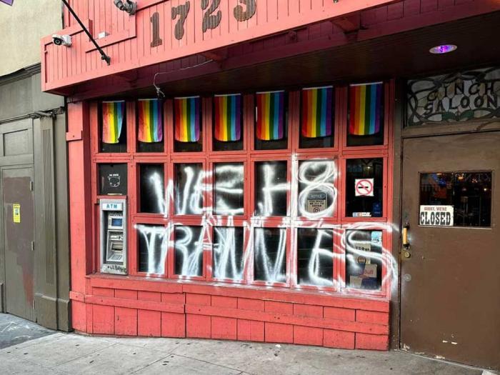 Anti-trans graffiti was sprayed on the front of the Cinch LGBTQ bar four days ago. Photo: From Cinch's Instagram page