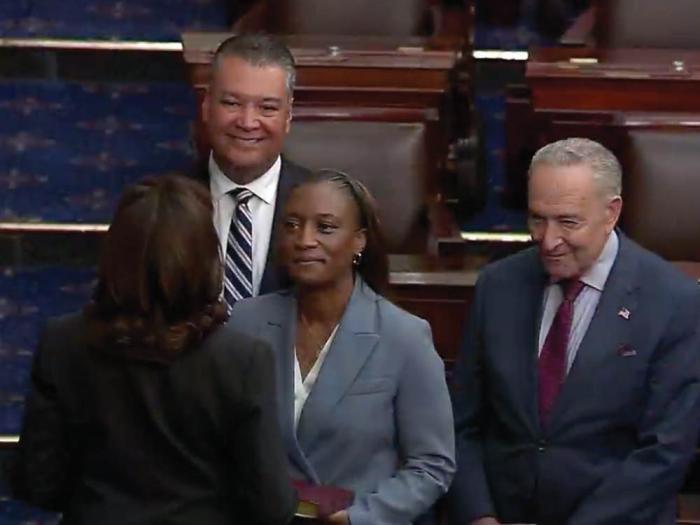 Senator Laphonza Butler takes the oath of office, which was administered by Vice President Kamala Harris Tuesday, October 3. Photo: Screengrab