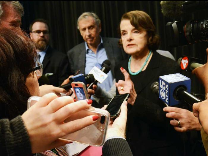 Senator Dianne Feinstein spoke with reporters following a town hall in San Francisco in 2017. Photo: Rick Gerharter