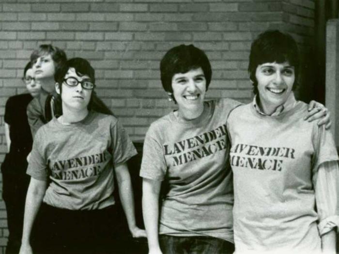 Linda Rhodes, left, Arlene Kisner (sometimes misidentified as Arlene Kushner), and Ellen Broidy participate in the "Lavender Menace" action at the Second Congress to Unite Women, in Chelsea, New York on May 1, 1970. Photo: Diana Davies. Image source: Manuscript and Archives Division, the New York Public Library