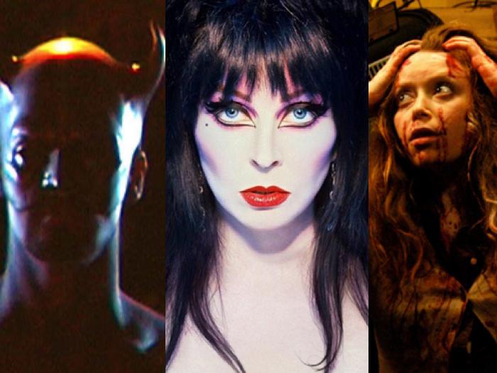 The mystery killer in 'Hellbent,' Cassandra Peterson as Elvira, and Natasha Lyonne in 'All About Evil'