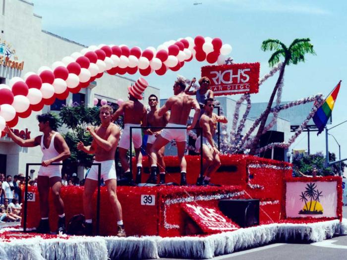 Men danced on the Rich's bar float at San Diego Pride 1994. Photo: P505.103,<br>L2013.63 San Diego Pride Collection, Lambda Archives of San Diego, San Diego, CA, 16 July 1994. Courtesy Lambda Archives of San Diego. <br>