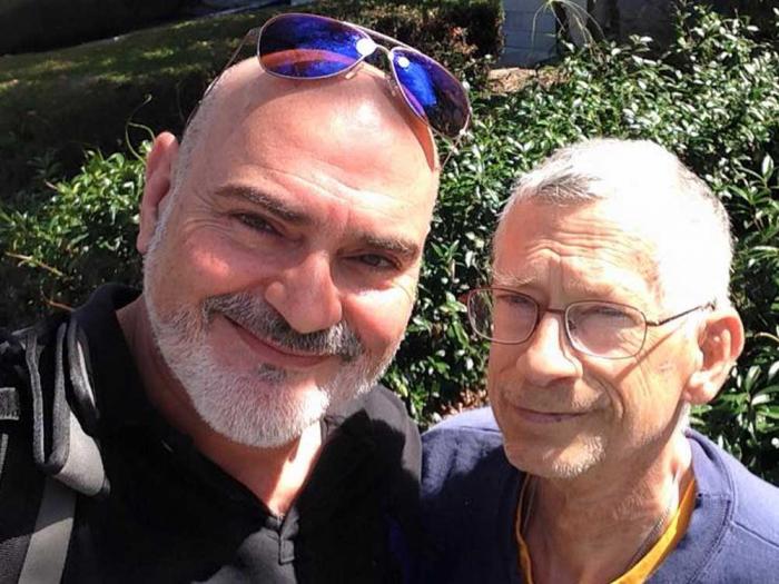 Dr. Tom Waddell Award recipient Roger Brigham, right, joined Australian wrestler Tony Galluzzo in Brigham's garden in Oakland. Brigham will be coaching Galluzzo at the upcoming Gay Games in Guadalajara, Mexico. Photo: Courtesy Roger Brigham