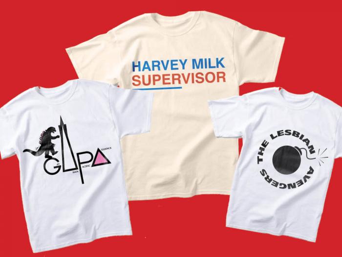 Three of the 75 most iconic LGBTQ T-shirts are, from the GLBTQ+ Asian Pacific Alliance, formerly know as the Gay Asian Pacific Alliance, left; Harvey Milk for supervisor; and the Lesbian Avengers' famous tee depicting a bomb. Images: Courtesy Inker Pride Diversity Council of Custom Ink