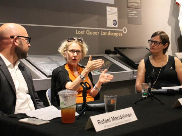 San Francisco Supervisor Rafael Mandelman, left, listens as Zurich Mayor Corine Mauch, center, speaks about her city being similar to San Francisco and influential in Switzerland's LGBTQ movement at a discussion moderated by Swiss event production manager Natalia Guecheva, right, at the GLBT Historical Society Museum on October 5. Photo: Heather Cassell