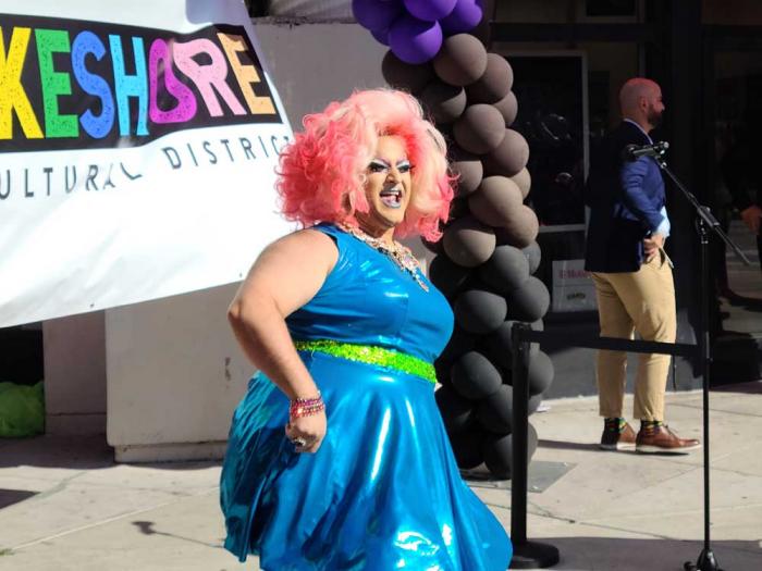 Drag queen Vicki Sparkle Titz performs to Lady Gaga's "Born This Way" outside the Oakland LGBTQ Community Center Tuesday. Photo: Cynthia Laird