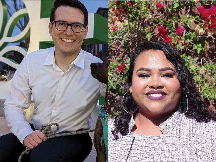 Clay Hale, left, was leading in his San Jose college board race, while Sasha Ritzie-Hernandez was trailing in her Oakland school board race. Photos: Courtesy the candidates