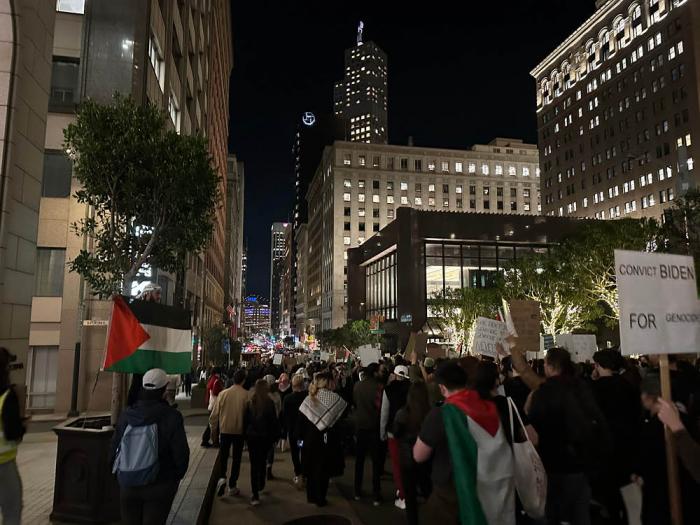 Protesters took to the streets of San Francisco Tuesday night as part of demonstrations against the APEC summit. Photo: John Ferrannini