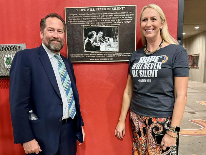 Contra Costa County Supervisor Ken Carlson, left, joined Meg Honey in unveiling a plaque honoring Harvey Milk at Northgate High School in Walnut Creek, the site of one of Milk's last public appearances in September 1978. Photo: Courtesy Supervisor Carlson's office