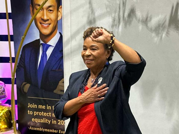 Congressmember Barbara Lee stopped by Assemblymember Evan Low's "Marriage Equality Experience" at the recent state Democratic convention to show her support for repealing Proposition 8's language in the state constitution. Photo: Courtesy Evan Low's office