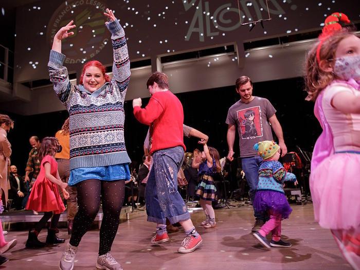 Dancing kids and adults at the 2022 'Dance-Along Nutcracker'<br>(photo: courtesy San Francisco Lesbian/Gay Freedom Band)