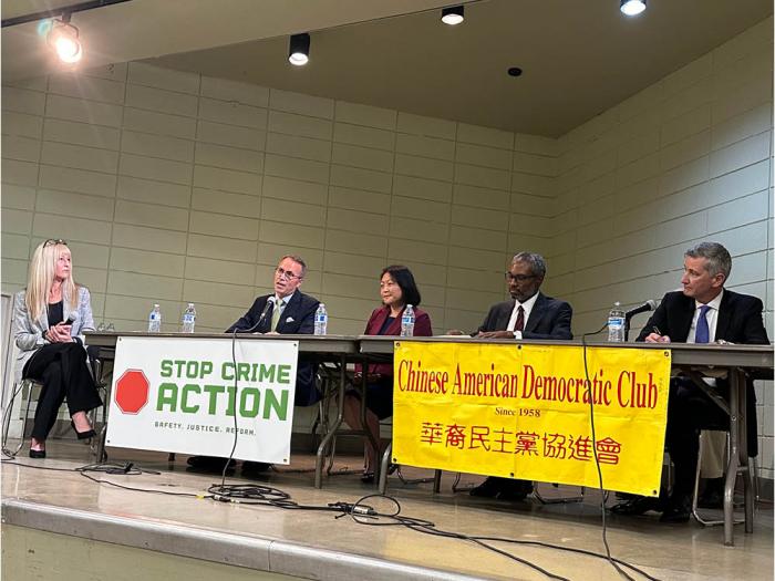 San Francisco judicial candidate attorney Albert "Chip" Zecher, second from left, speaks at a forum featuring two sitting judges and their challengers. From left, moderator Stephanie Lehman from Stop Crime SF, Zecher, Assistant District Attorney Jean Myungjin Roland, San Francisco Superior Court Judge Patrick Thompson (whom Roland is challenging), and San Francisco Superior Court Judge Michael Begert (whom Zecher is challenging). Photo: John Ferrannini