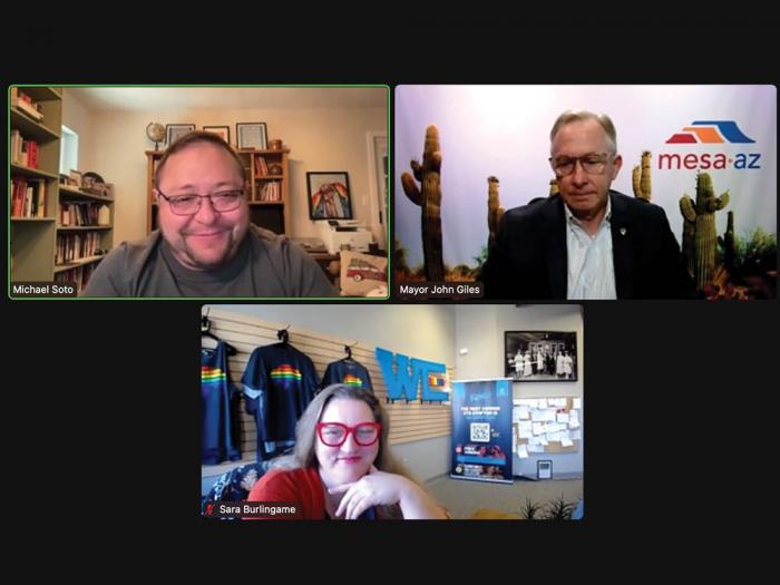 Clockwise from left, moderator John Soto talked with Mesa Mayor John Giles and Equality Wyoming's Sara Burlingame about how to make progress on LGBTQ issues in red states. Photo: Screengrab via Zoom