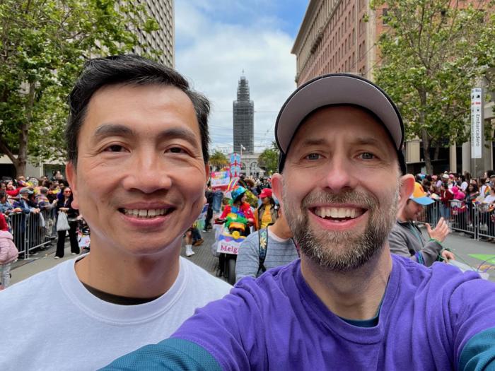 San Francisco Supervisor Joel Engardio, right, rode with his husband, Lionel Hsu, in the 2023 San Francisco Pride parade. Photo: Courtesy Joel Engardio