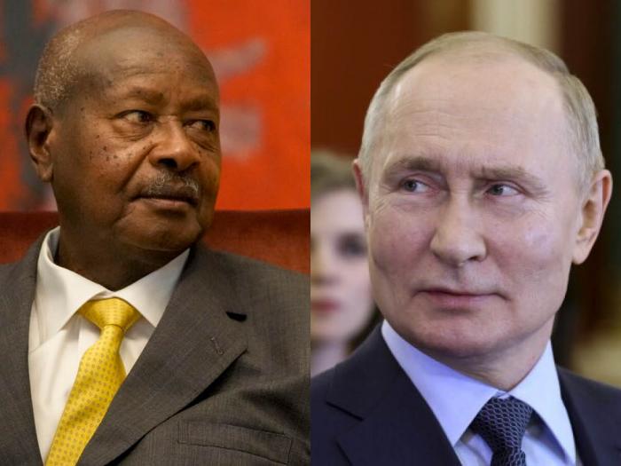 Ugandan President Yoweri Museveni, left, and Russian President Vladimir Putin continued to lead anti-LGBTQ efforts in 2023. Photos: Museveni, Darko Vojinovic/AP; Putin, Gavrill Grigorov, Sputnik, Kremlin Pool Photo via AP