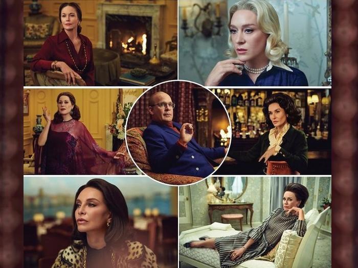 Ryan Murphy's 'Feud: Capote Vs The Swans' stars (top left) Diane Lane as Slim Keith; Chloe Sevigny as C.Z. Guest; Demi Moore as Ann Woodward; Naomi Watts as Babe Paley; Calista Flockhart as Lee Radziwill; Molly Ringwald as Joanne Carson & Tom Hollander as Truman Capote. (photos: FX. composite courtesy World of Wonder)