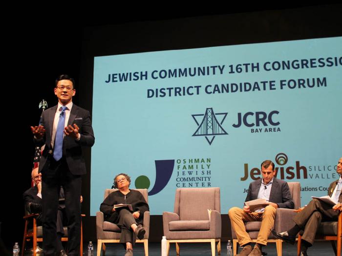Assemblymember Evan Low, foreground, addressed the South Bay's Jewish community congressional candidate forum to replace retiring Congresswoman Anna Eshoo at the Oshman Jewish Community Center in Palo Alto on January 17. Photo: Heather Cassell