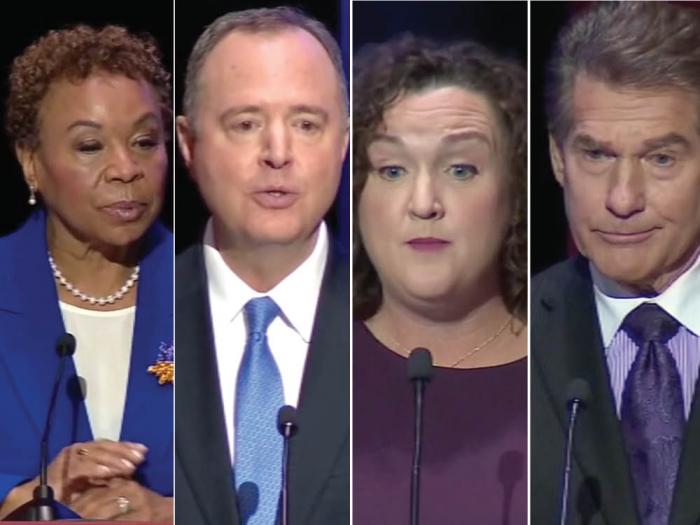 U.S. Senate candidates Barbara Lee, left, Adam Schiff, and Katie Porter — all Democratic congressmembers — debated each other and the lone Republican on stage, former baseball star Steve Garvey, during a January 22 debate at the University of Southern California. Photos: Screengrab