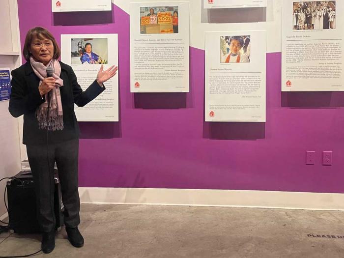 Belinda Dronkers-Laureta, director of Asian and Pacific Islander Family Pride, talked about the "API Family Wall of Pride" exhibit at its January 19 opening reception at the GLBT Historical Society Museum. Photo: J.L. Odom