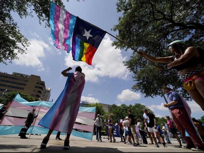 Demonstrators gathered on the steps of the Texas Capitol in Austin to speak against transgender-related legislation bills being considered in the Legislature on May 20, 2021 Photo: AP/Eric Gay, file