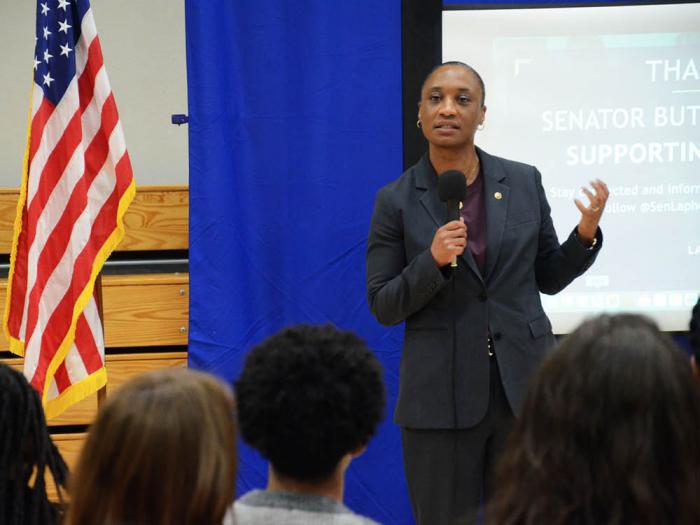U.S. Senator Laphonza Butler spoke to an audience of youth and community leaders Saturday at the Boys & Girls Club of San Francisco's Don Fisher Clubhouse. Photo: Rick Gerharter