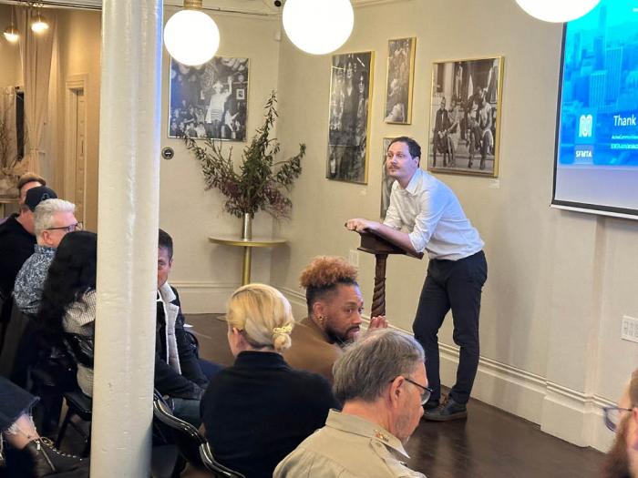 The San Francisco Municipal Transportation Agency's Christopher Kidd had a tough audience at the Castro Merchants Association's first meeting of the year February 1 after he suggested protected bike lanes on upper Market Street. Protected bike lanes in the center of Valencia Street have upset Mission neighborhood merchants. Photo: John Ferrannini