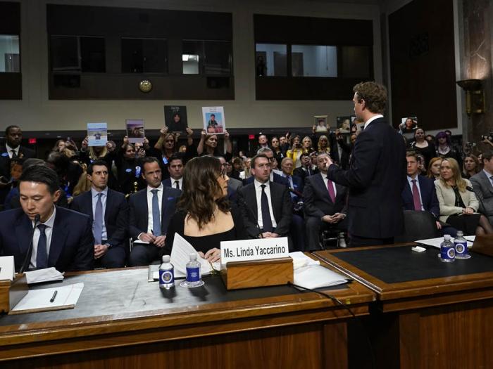 Meta founder and CEO Mark Zuckerberg, right, stood in front of parents holding up pictures of their dead children and offered an apology during a Senate Judiciary Committee hearing January 31 about online child safety. Photo: Susan Walsh/AP