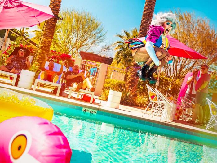 A drag artist does the cannonball at Cathedral City's 2023 LGBT Days festivities. Photo: Courtesy Cathedral City LGBT Days