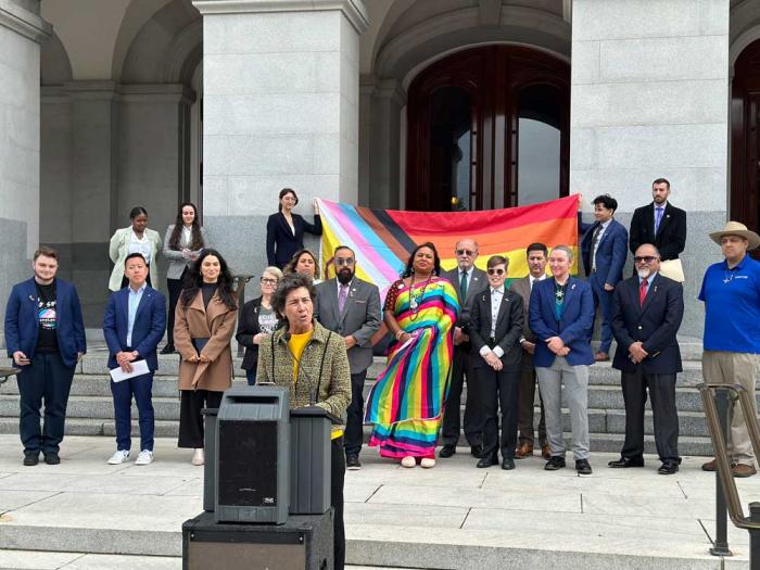 Senator Susan Talamantes Eggman, chair of the Legislative LGBTQ Caucus, spoke at a February 20 news conference outside the state Capitol in Sacramento about a new LGBTQ advisory council that will help the caucus determine priorities. Photo: John Ferrannini