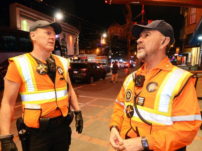 Castro Community on Patrol officers Brian Hill, left, and Greg Carey keep watch in the Castro neighborhood in November 2019. Photo: Rick Gerharter